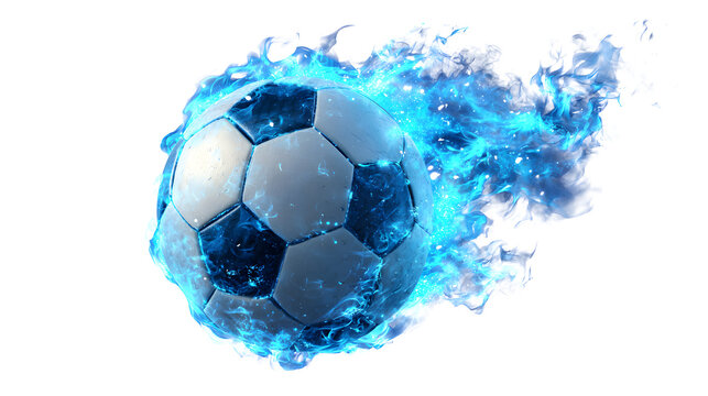 Flaming Soccer Ball with Blue Fire Trails on Transparent Background Sports Power Concept