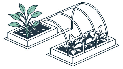 Two Raised Garden Beds with Plants and a Protective Frame.