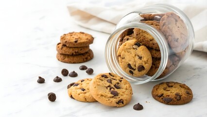 Delicious chocolate chip cookies spill out of a glass jar