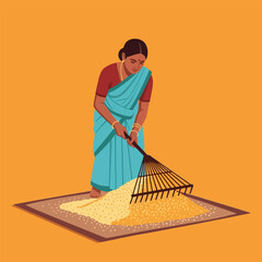 Woman Raking Grain Wearing Turquoise Sari on Yellow Background