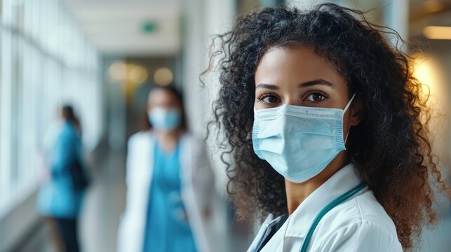 A young woman in a white lab coat and face mask stands in a hospital corridor, with another woman in a blue lab coat and face mask - Powered by Adobe