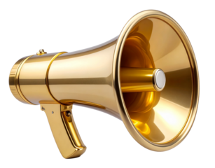- Vintage Gold Megaphone Horn with Textured Surface and Ornate Details, Angled Side View, Isolated on Transparent Background.
