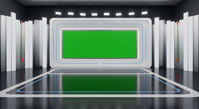 Modern, sleek television studio set with a large green screen backdrop and reflective floor.