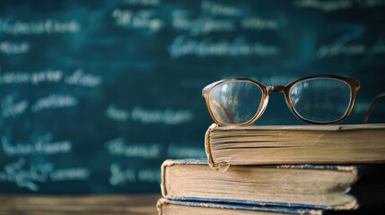 A pair of glasses resting on a stack of old books with a chalkboard in the background.