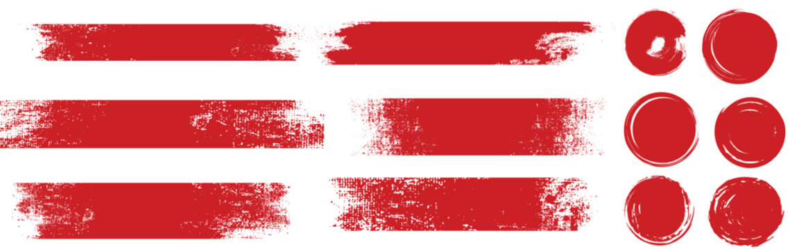 Straight red ink vector lines pack. Bloody color long and round hand-drawn brushstroke text highlights  frames  circles. Asian calligraphy brushstroke set.