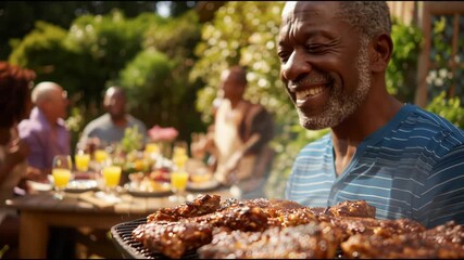 Happy Senior African American Man Grilling BBQ Ribs for a Backyard Family Gathering