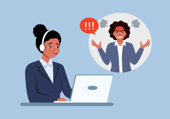 Customer complaint via call center service in flat design. Angry customer on phone.