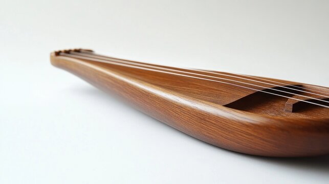 A kantele with a smooth wooden body, space for text on the right, set against a clean white background