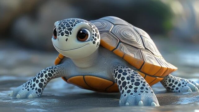 Smiling sea turtle on sandy beach, calm ocean water and soft muted background