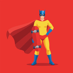 Cartoon Superhero Wearing Red Cape Holding Skateboard on Red Background