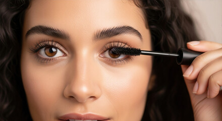 Obraz premium A close-up of a young woman applying black mascara to her long eyelashes, highlighting beautiful brown eyes and well-groomed brows.