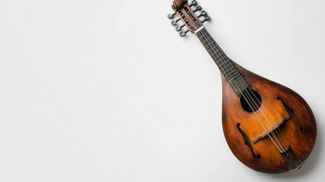 A mandolin with metal strings, space for text on the right side, against a clean white surface