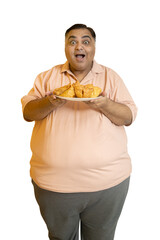 Hungary overweight fat indian man eating unhealthy samosa junk food. Chubby guy starving to eat fried snack. Plus size male crave for high calorie meal. Obesity and weight gain.