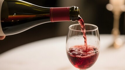 Red wine being poured from a bottle into a glass on a table