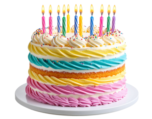 Whimsical Multilayer Birthday Cake with Rainbow Icing and Candles, Front View, Isolated on Transparent Background.