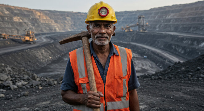 Coal Miner Standing Proud at an Open-Pit Mine Coal Miner at Work Site