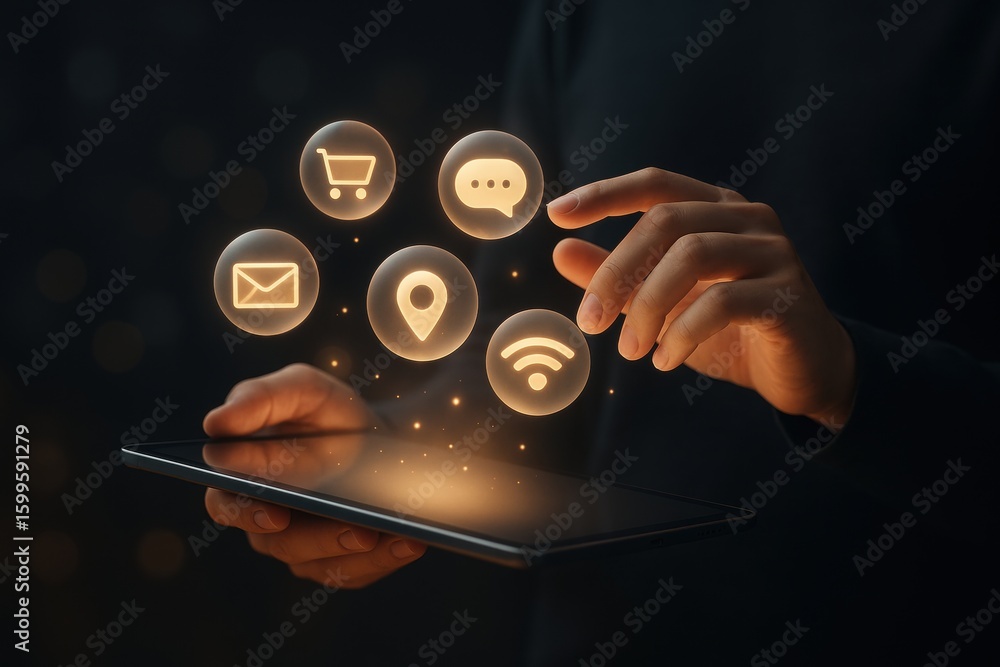 Poster digital innovation in hand: a close-up shot of a hand holding a tablet displaying digital icons, hig