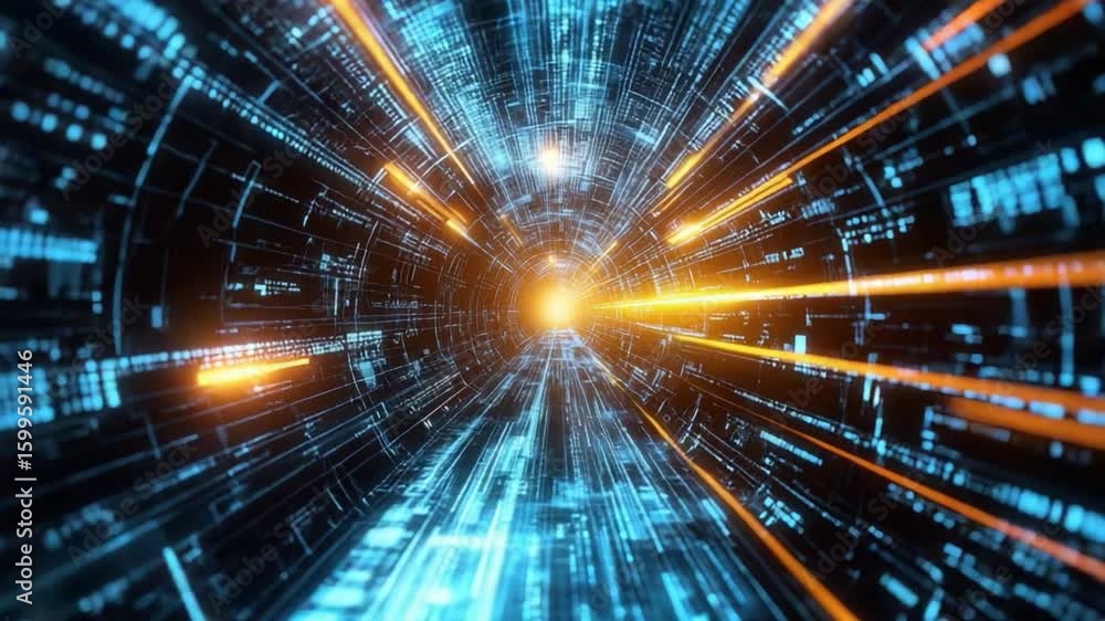 Poster futuristic data stream with bright light in cosmic tunnel visualization