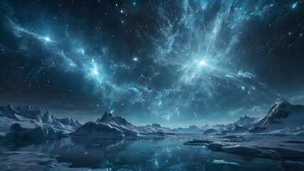 Fototapeta premium Night Sky With Bright Stars Over Icy Mountain Landscape Under Milky Way