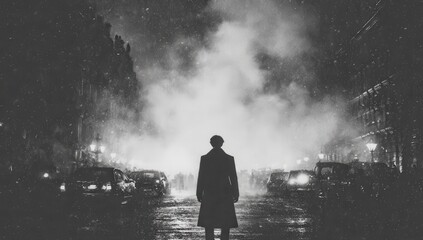 Obraz premium Silhouetted figure in city street at night, snow and fog