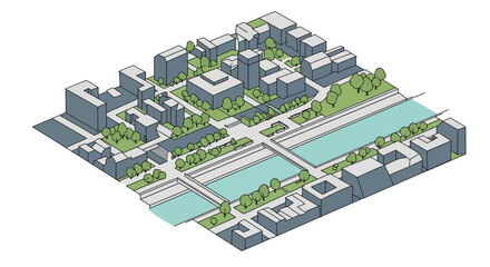 Isometric view of urban cityscape with buildings and water features