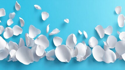 White rose petals scattered on a light blue background.