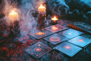 Mystical Tarot Reading Scene with Candles, Smoke, and Glowing Cards in Magical Esoteric Setting
