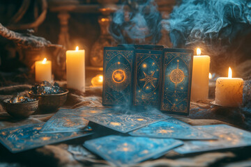 Mystical Tarot Card Setup with Candles, Smoke, and Magical Decor in a Warm Esoteric Atmosphere
