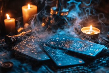 Mystical Tarot Card Spread with Smoke, Candles, and Magical Decor in Dark Spiritual Atmosphere
