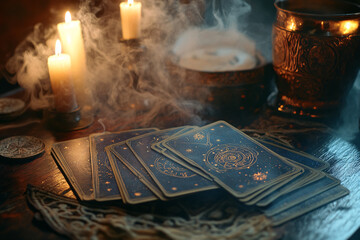 Mystical Tarot Card Spread with Burning Candles and Incense Smoke in Magical Spiritual Setting
