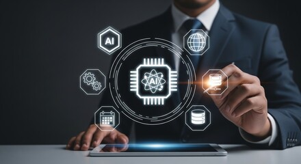 Businessman Using Stylus to Access AI Chip Interface with Futuristic Technology – Dark Tech Background