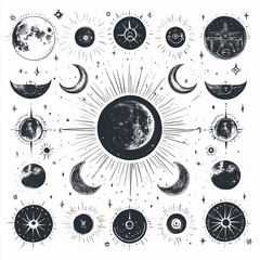 Celestial Moon Phase Illustration with Suns, Stars, and Mystical Symbols in Vintage Black and White Style
