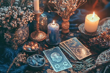Bohemian Tarot Card Reading Setup with Candles, Crystals, and Dried Flowers in Warm Mystical Ambience
