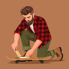 Bearded Man Applying Wax to Patterned Skateboard on Brown Background
