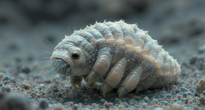 Closeup of a microscopic water bear on the ground