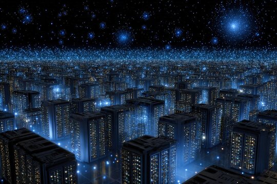 Futuristic Cityscape At Night With Glowing Lights And Stars
