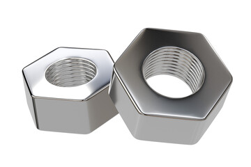 3d silver bolt and nut with detailed threads and hexagonal shapes isolated on a white transparent background. industrial, component screw bolt engineering concept. 3d render.