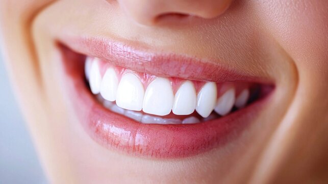 A close-up of a woman's smile with white teeth and pink lips, showing off her teeth in a smile.