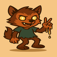 Werewolf child flashing a peace sign with caramel-drenched claws, wearing a half-serious, half-adorable expression in a unique cartoon style