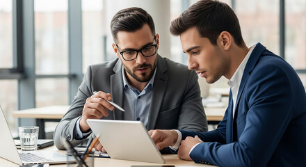 Two Confident Businessmen Collaborate on Tablet, Modern Office, Serious Discussion