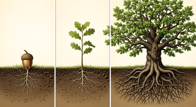 Growth of an Oak Tree from Acorn to Maturity, Roots Visible