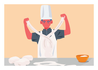 Male chef pulling handmade noodle. Simple flat illustration
