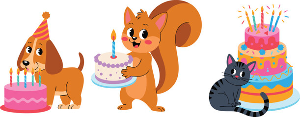 Obraz premium Cartoon Animals Celebrate with Birthday Cakes Dog, Squirrel, and Cat Party Illustration