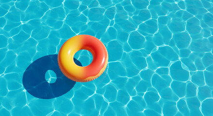 Naklejka premium An orange and yellow swim ring floats on a clear blue pool, creating a cheerful and refreshing summer vibe.