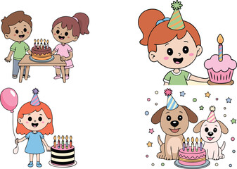 Cartoon Birthday Celebration Children, Dogs, Cakes, Candles, Party Hats, and Festive Decorations Illustration