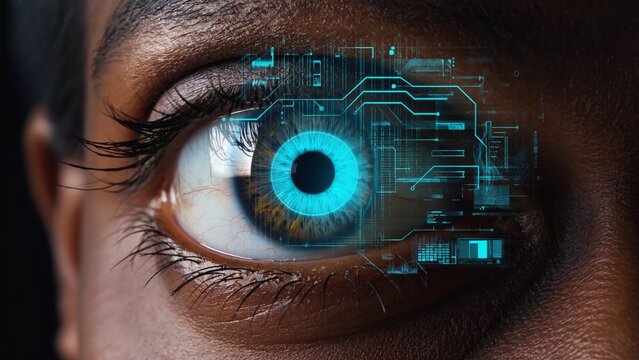 High-resolution close-up of a human eye with digital neon circuitry overlaying the iris, depicting futuristic biometric scanning, personal identification technology, cybernetic AI interface evolution.