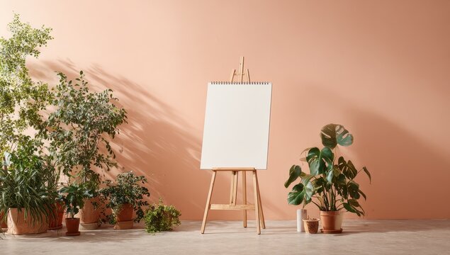Empty easel in sunlit room with plants