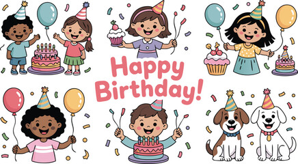 Cartoon Celebration Featuring Smiling Children, Balloons, Cakes, Cupcakes, Confetti, Party Hats, and Happy Dogs