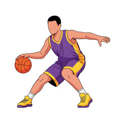 Athletic Basketball Player Dribbling Ball in Purple and Yellow Uniform on White Background