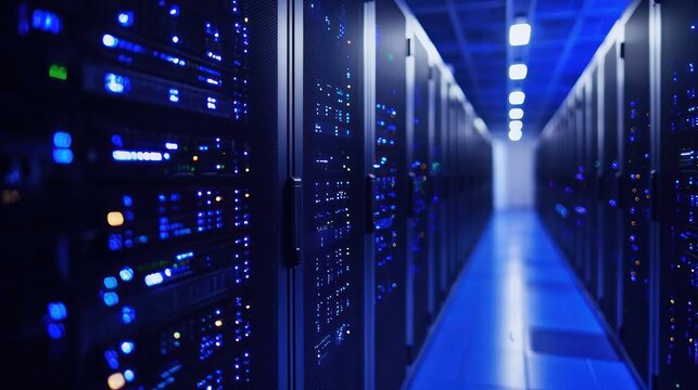 A dark, narrow hallway with rows of server racks, illuminated by blue lights. The environment appears to be a data center or server room.